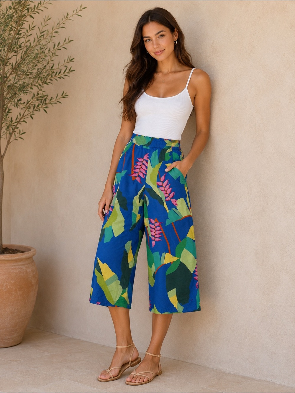 Christian Siriano Tropical Linen Blend Cropped Wide Leg Pants XS